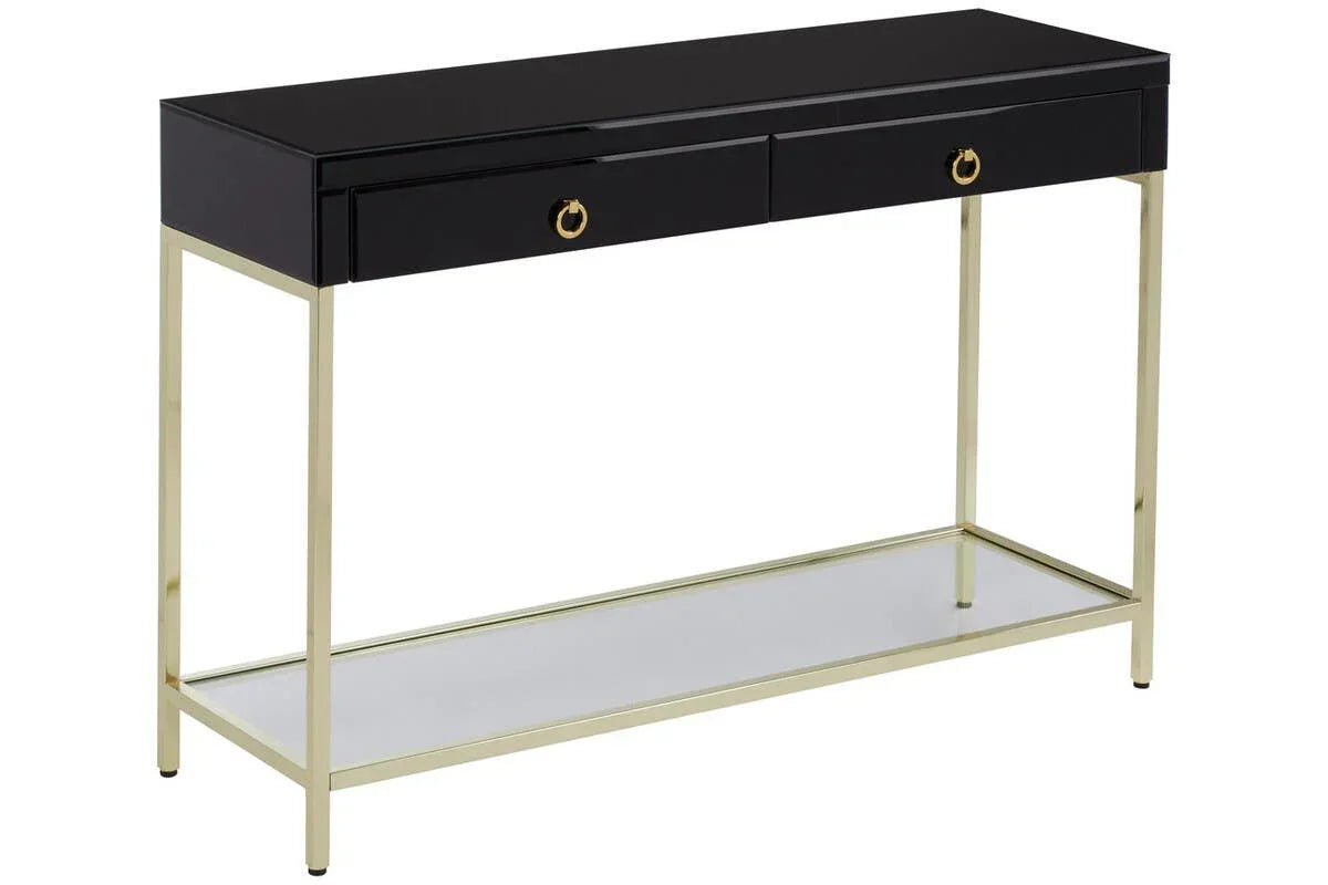 Black console table with gold metal frame, two drawers, and lower glass shelf