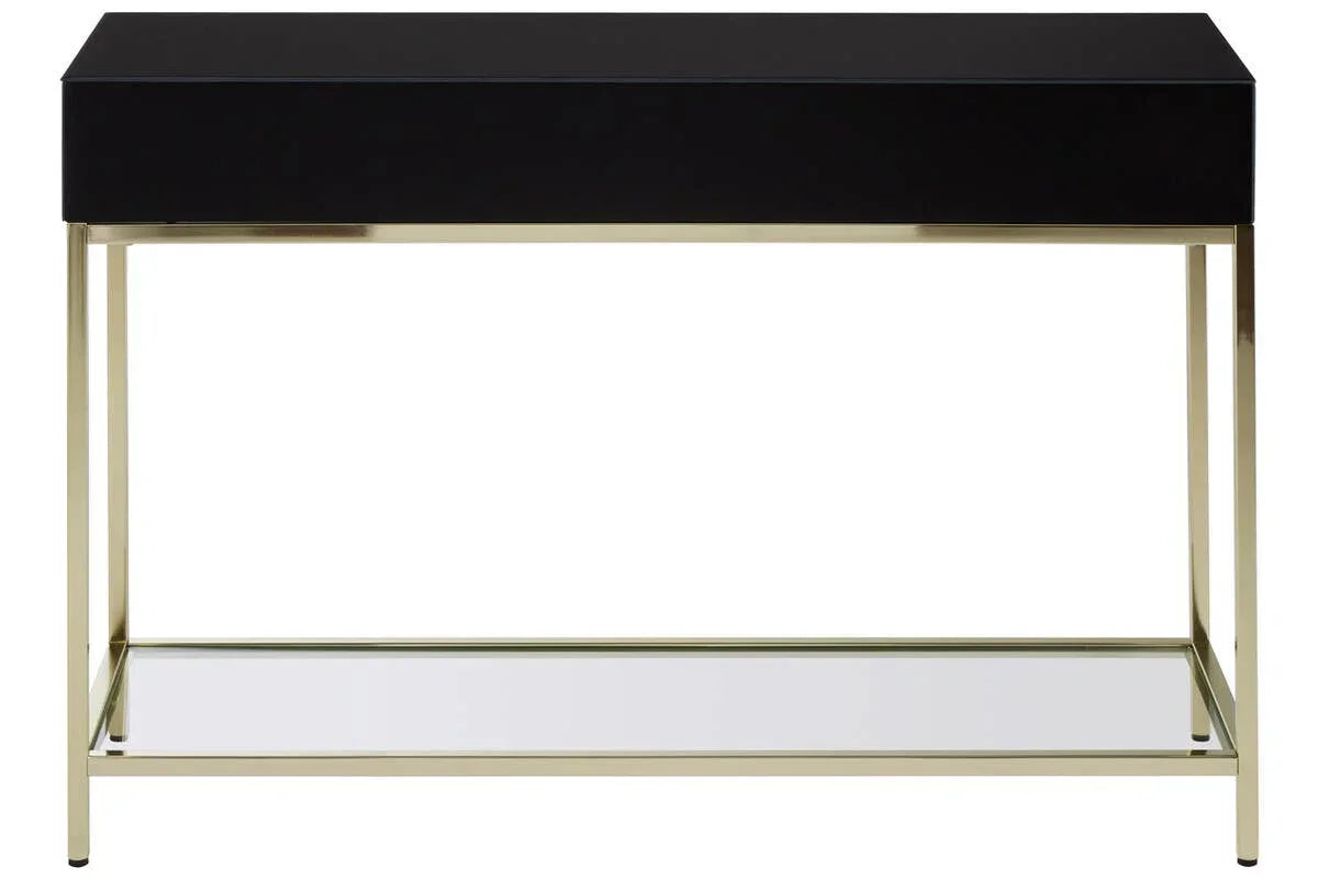Black console table with gold metal frame and glass shelf, front view