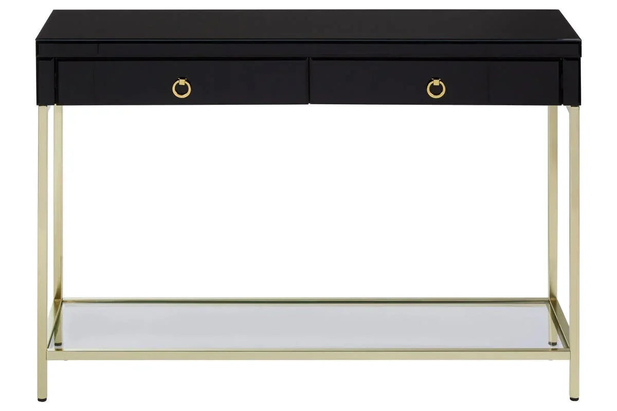 Black console table with gold metal frame, two drawers, and glass lower shelf