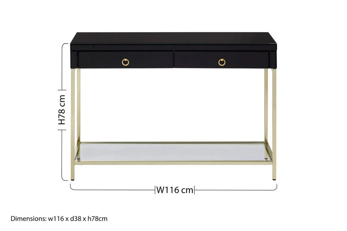 Black console table with gold frame, two drawers, and lower glass shelf, dimensions shown