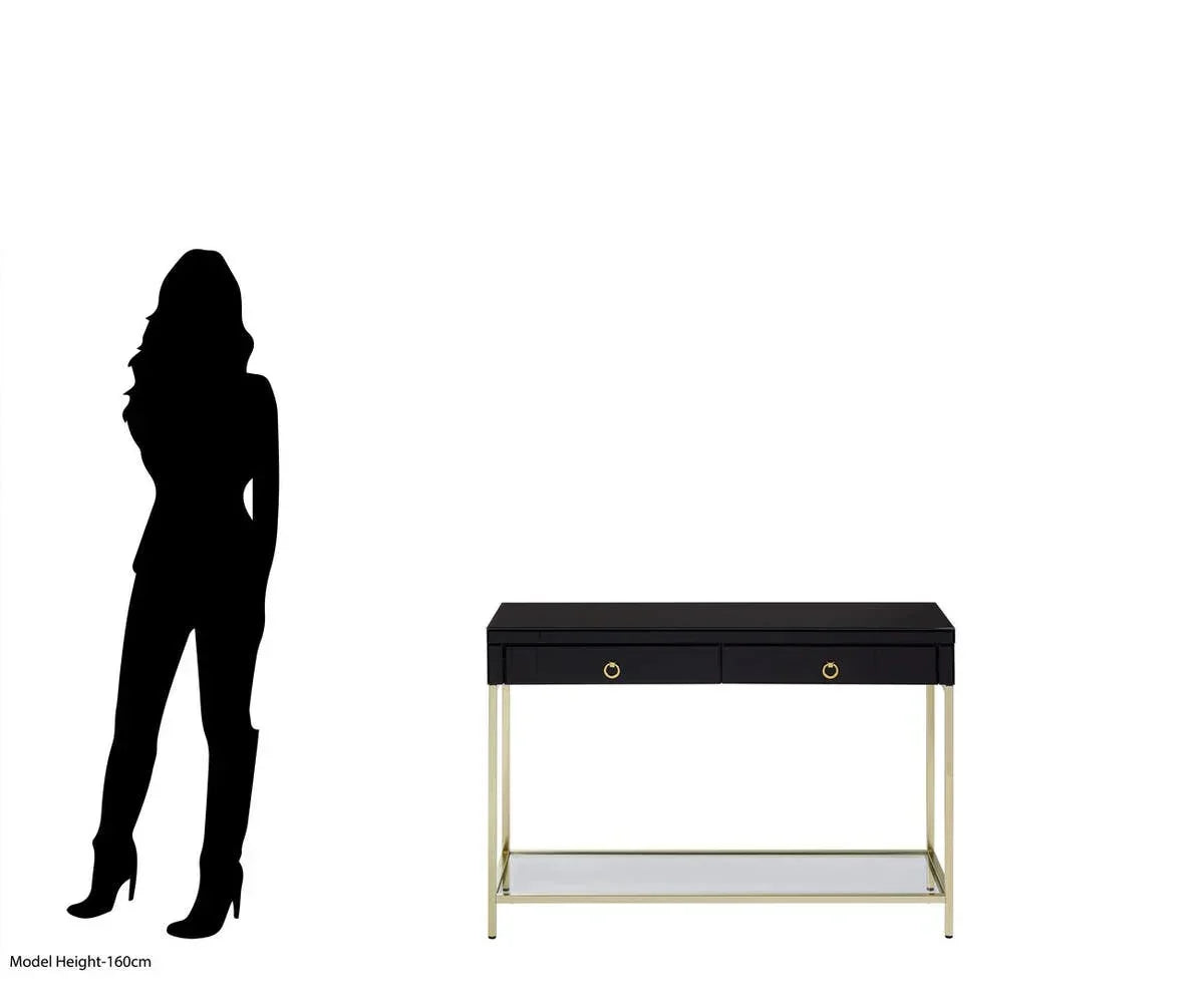 Black console table with gold metal frame and two drawers, shown next to height silhouette