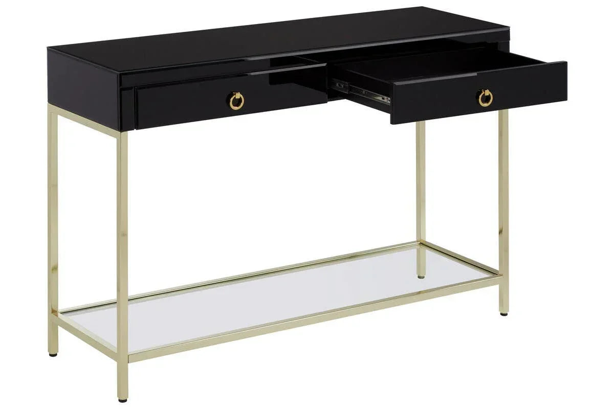 Black console table with gold metal frame, glass shelf and open drawers