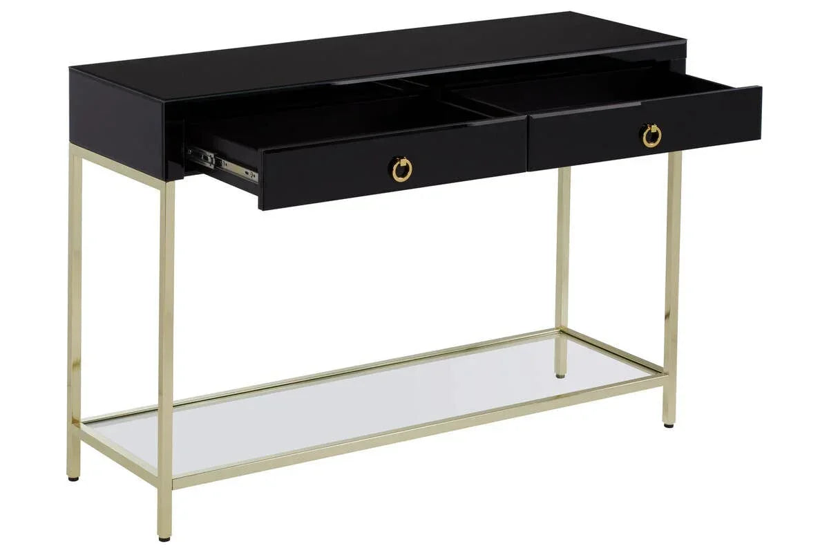Black console table with gold metal frame, two open drawers and lower glass shelf