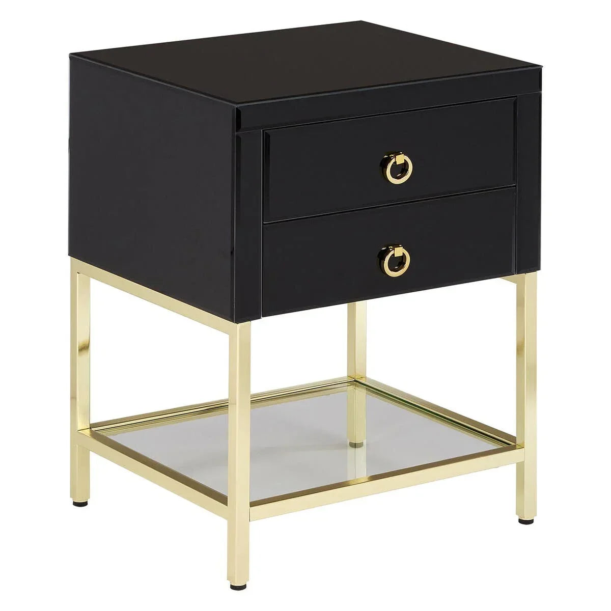 Black bedside table with gold metal legs, two drawers, and glass lower shelf