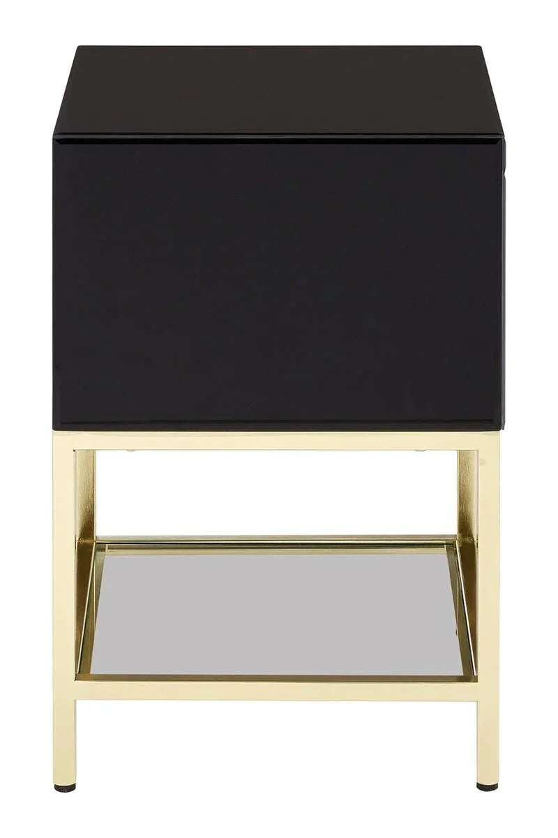Black bedside table with gold frame and lower glass shelf, front view