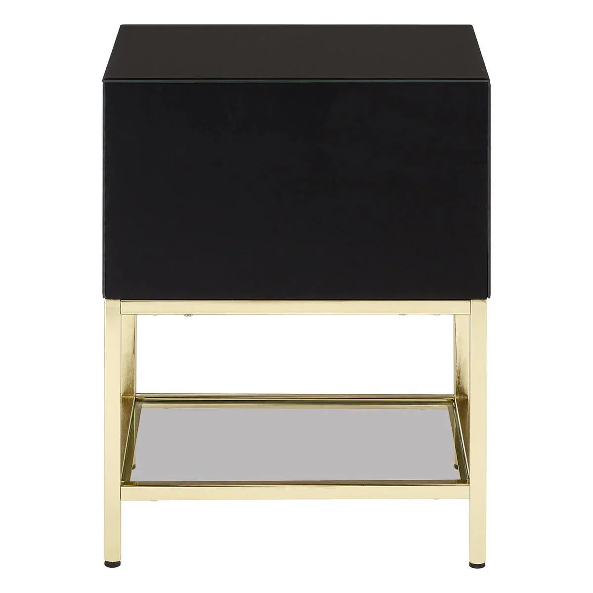 Black bedside table with gold metal frame and lower glass shelf, front view