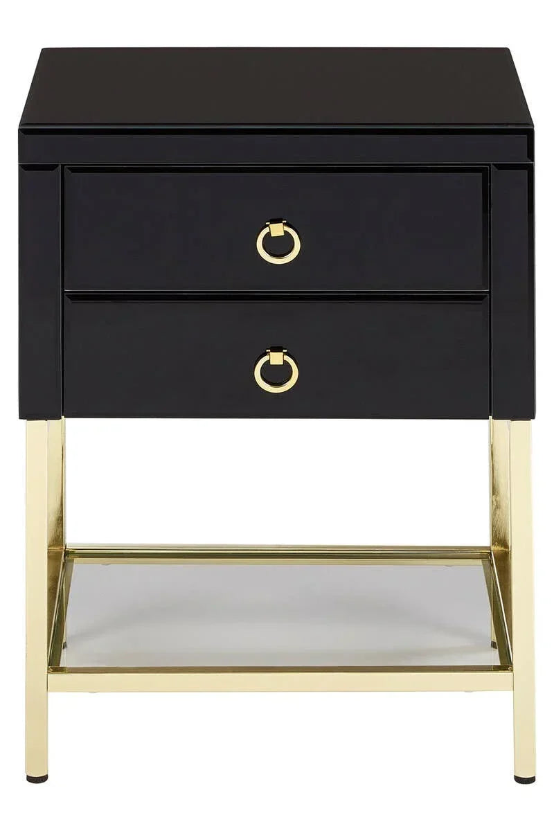 Black bedside table with gold metal legs, two drawers and ring pull handles