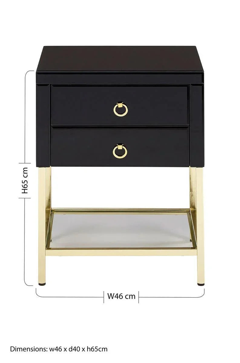 Black bedside table with two drawers, gold legs, and mirrored shelf, 46x40x65cm