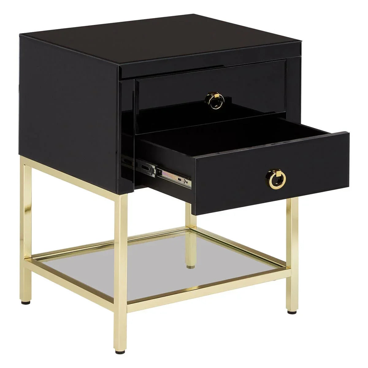 Black bedside table with gold metal legs, glass shelf, and two open drawers