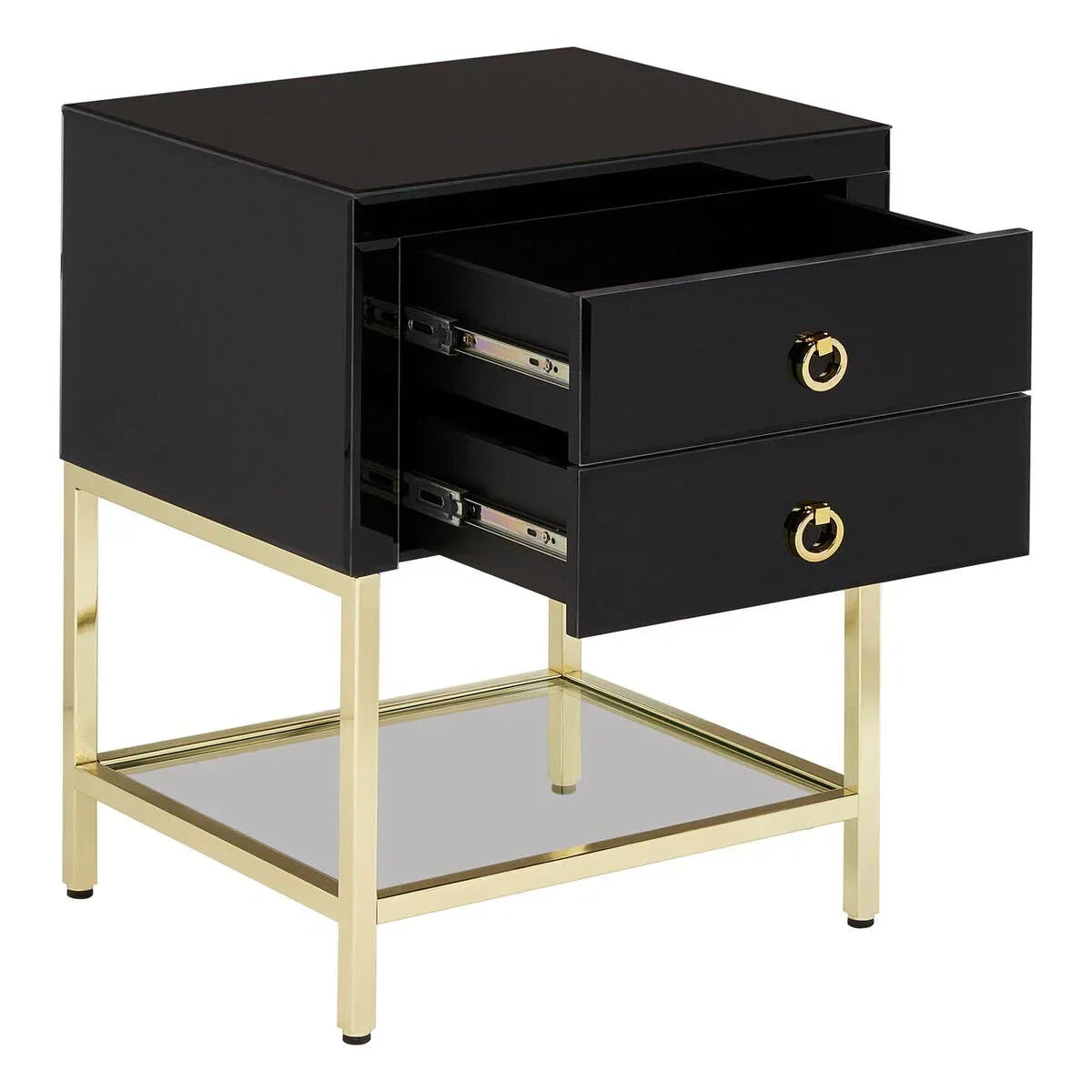 Black bedside table with gold metal frame, two drawers open, glass shelf underneath