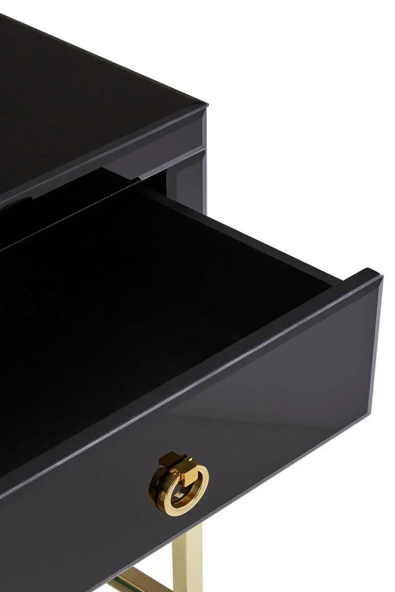Black gloss bedside table drawer with gold handle and open storage