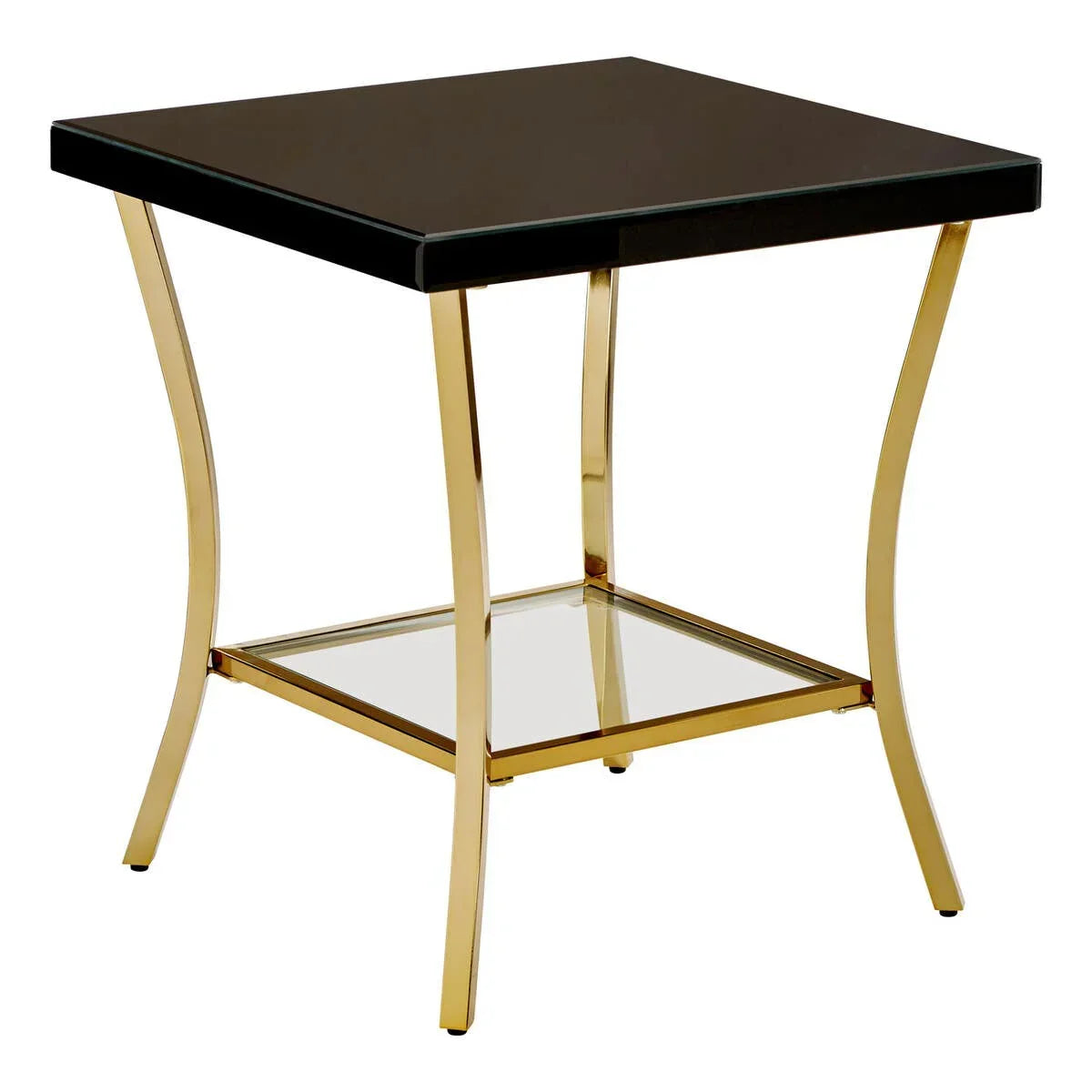 Square black glass side table with gold metal legs and lower glass shelf