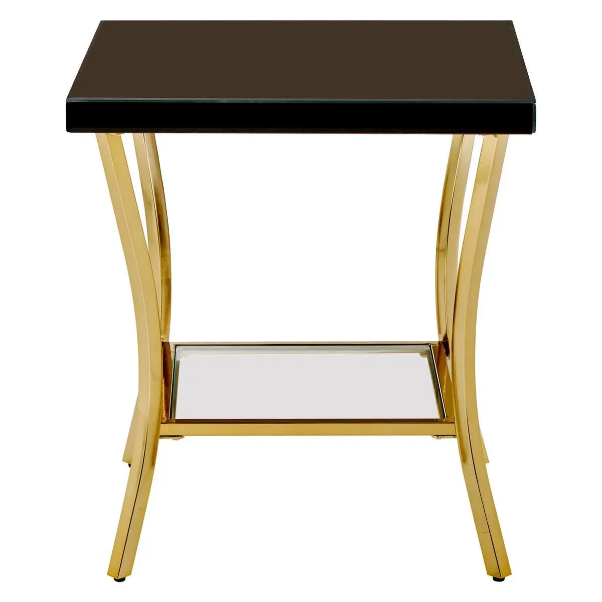 Black glass top side table with gold metal legs and lower mirrored shelf