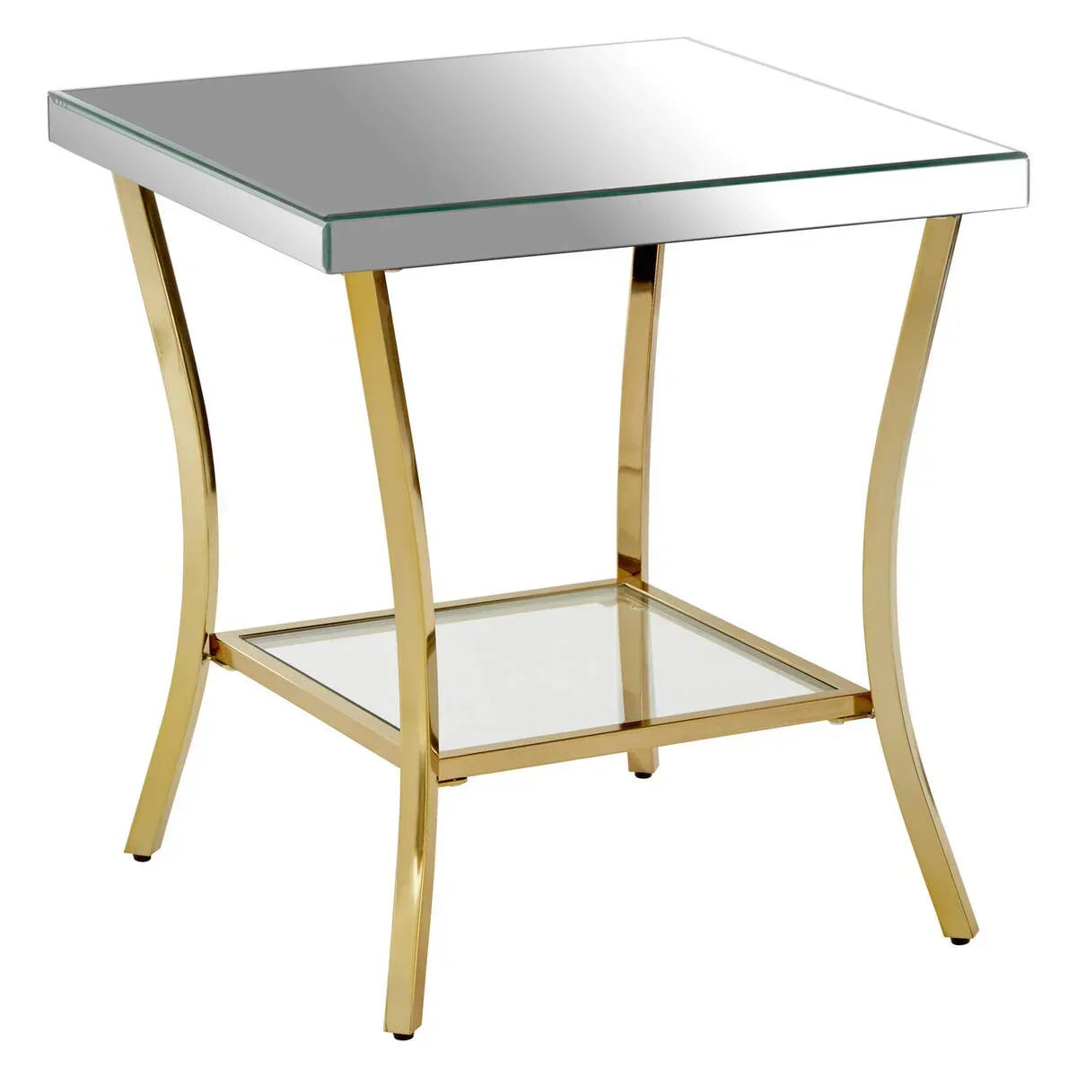 Square mirrored side table with gold metal frame and lower glass shelf