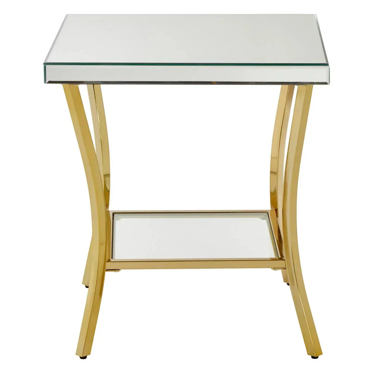 Gold metal and glass side table with rectangular mirrored top and lower shelf