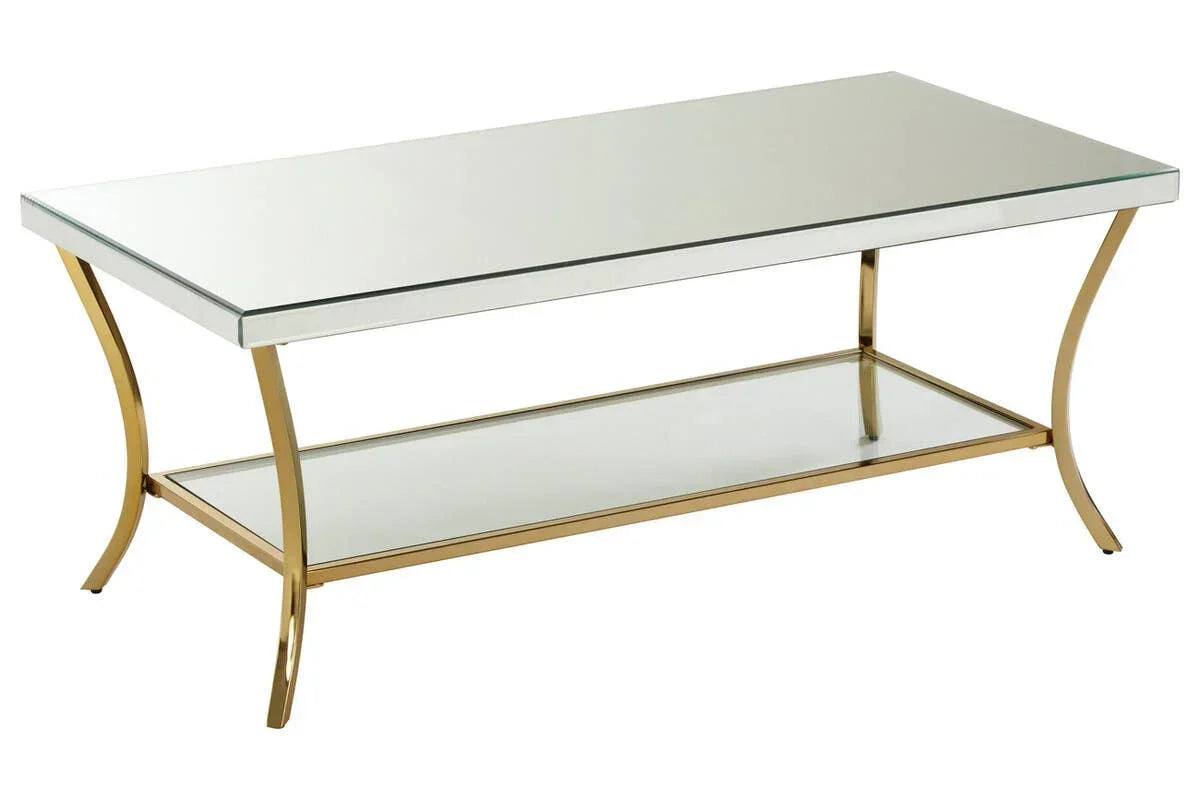 Glass coffee table with gold metal frame and lower shelf, rectangular design