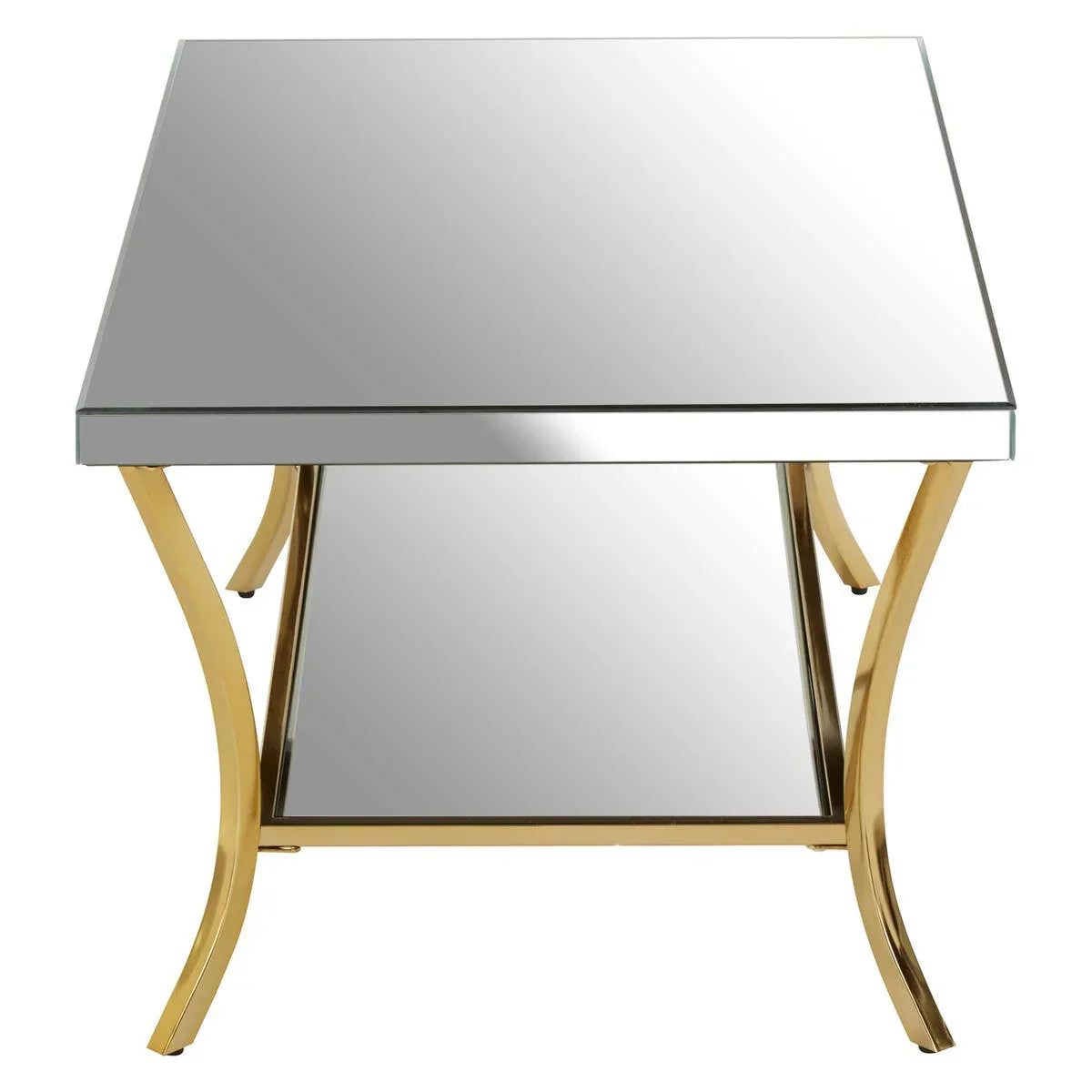 Mirrored side table with gold metal frame and sleek lower shelf