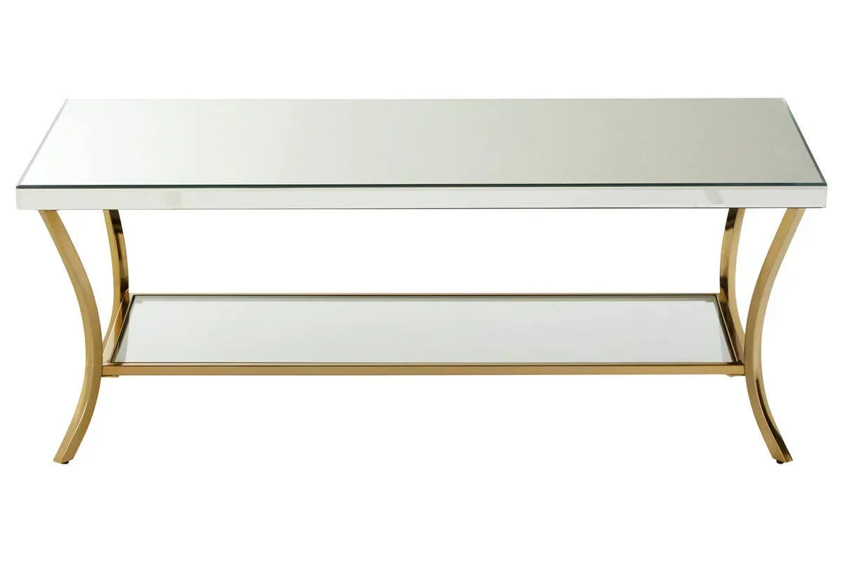 Glass coffee table with gold metal frame and lower shelf, front view
