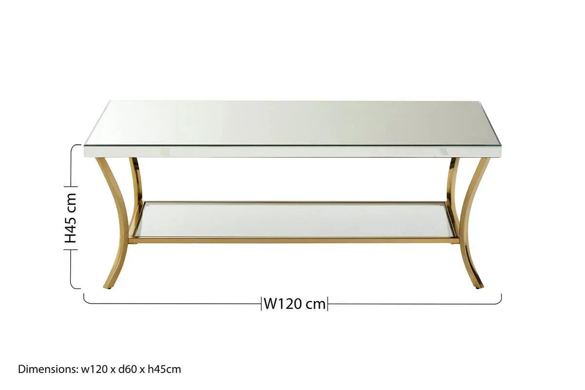 Glass coffee table with gold metal frame, lower shelf, 120x60x45cm dimensions shown