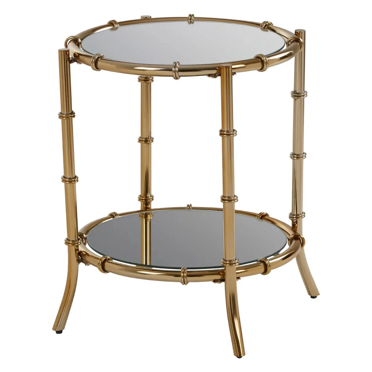 Round gold metal side table with two mirrored glass tiers and bamboo-inspired frame