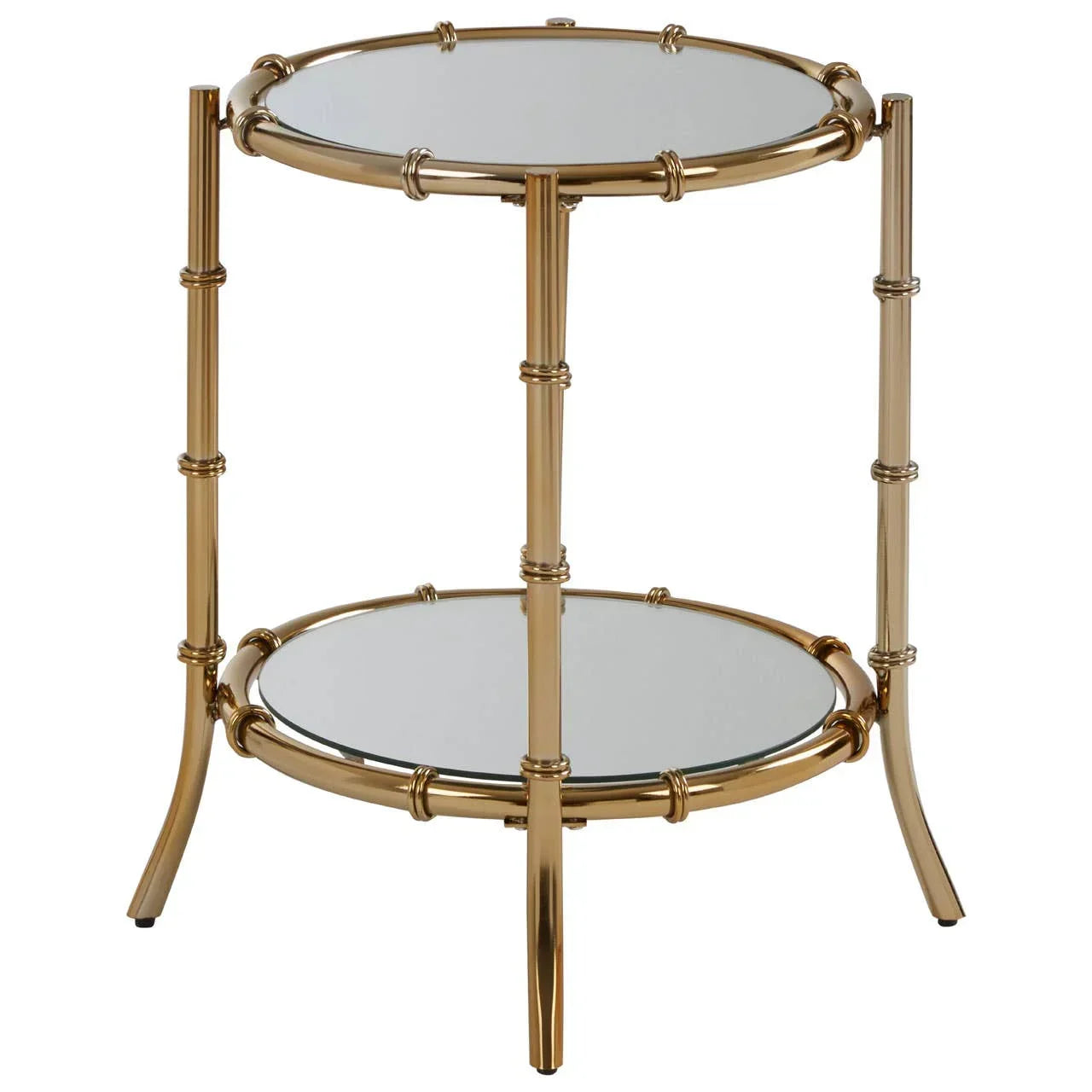 Round gold metal side table with mirrored top and shelf, double tier design