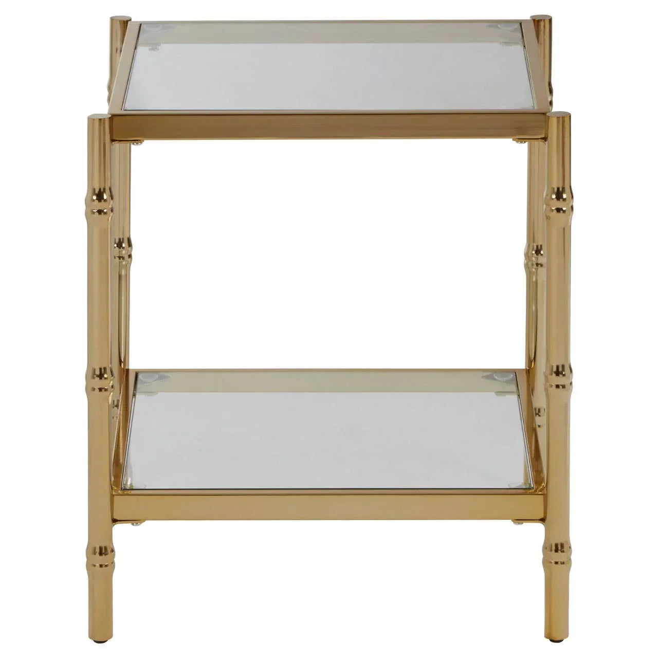 Gold metal and glass side table with two shelves, front view