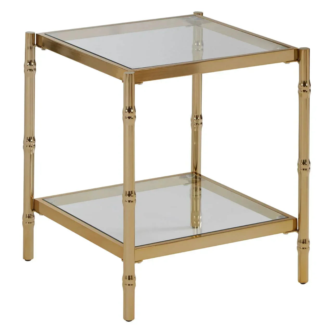 Gold metal and glass side table with two tiers and bamboo-style legs