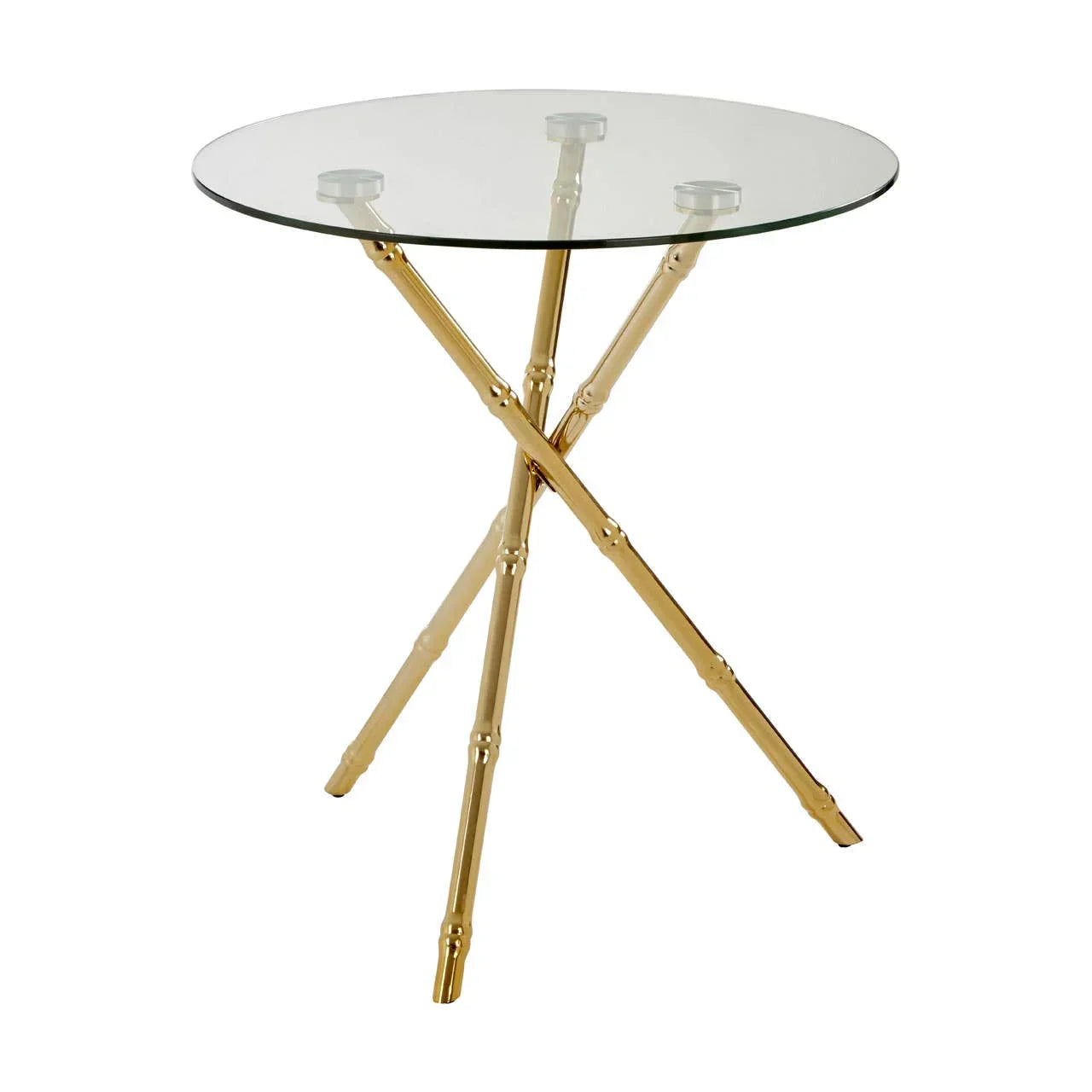 Round glass side table with gold metal tripod legs