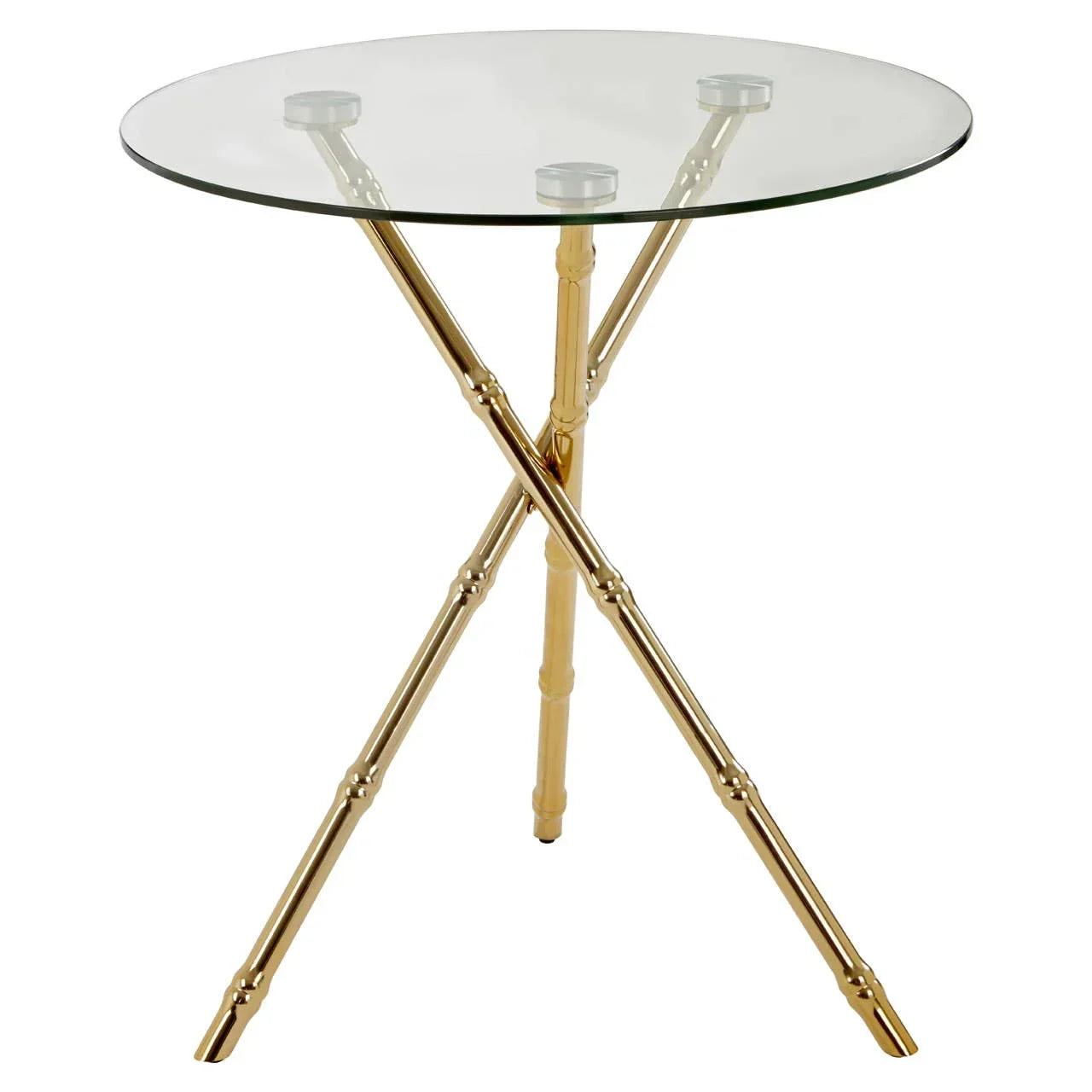 Round glass top side table with gold crossed metal legs