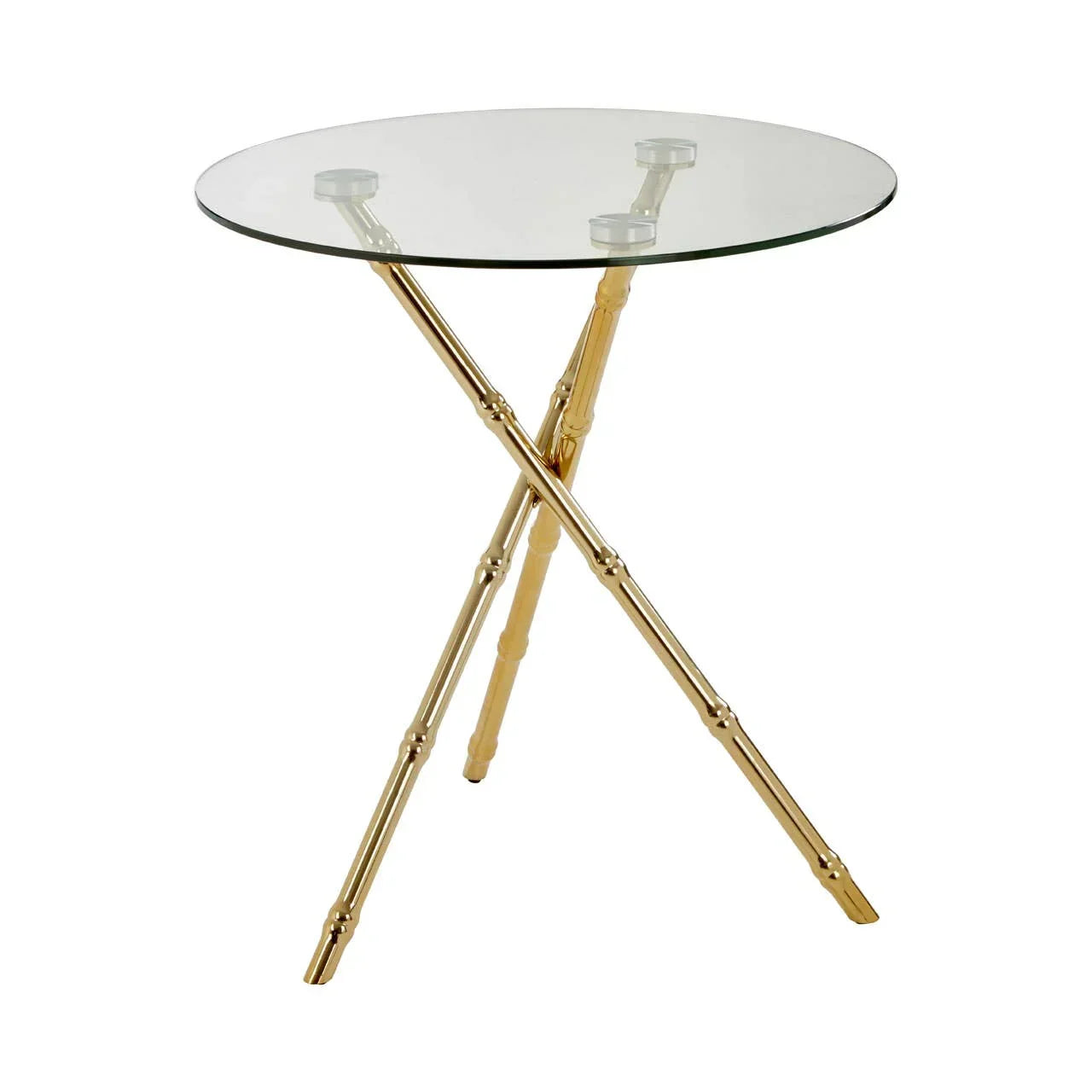 Round glass side table with gold bamboo-style metal legs