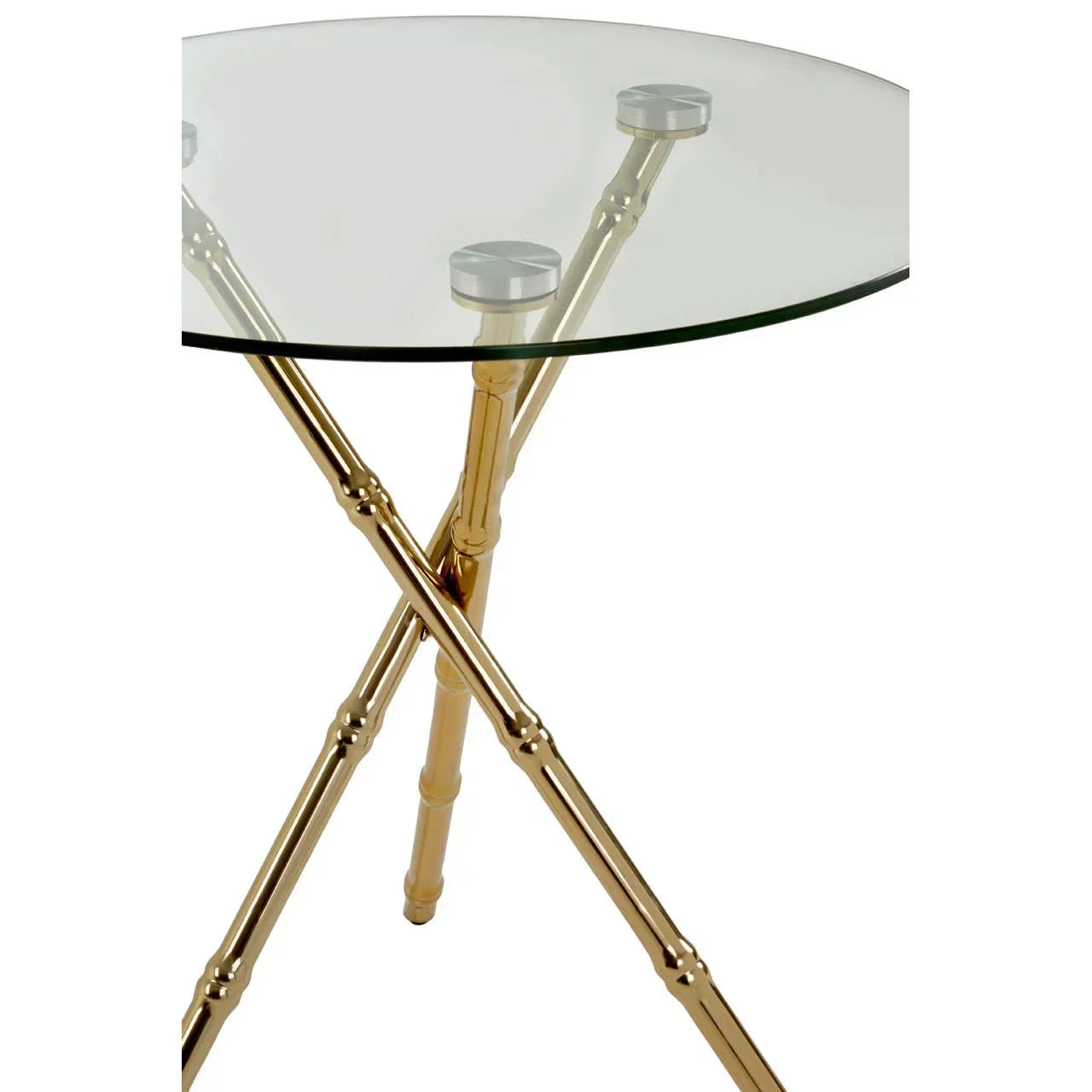 Round glass side table with gold crossed legs and metal supports