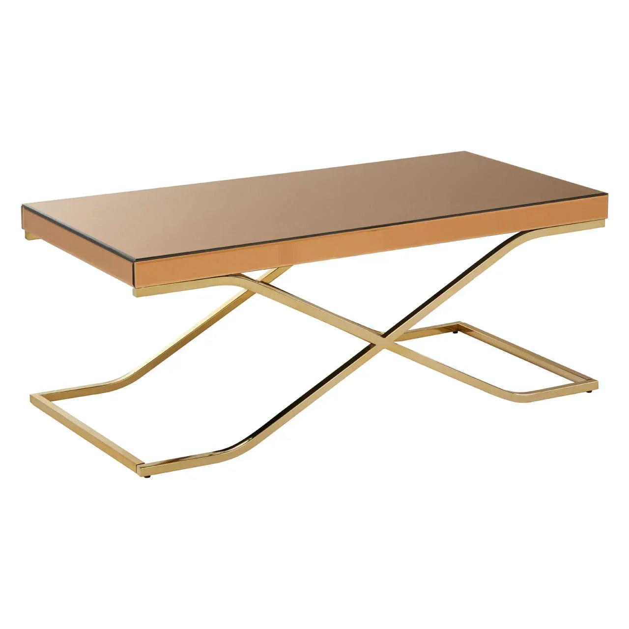 Gold metal and glass coffee table with rectangular top and crossed leg design