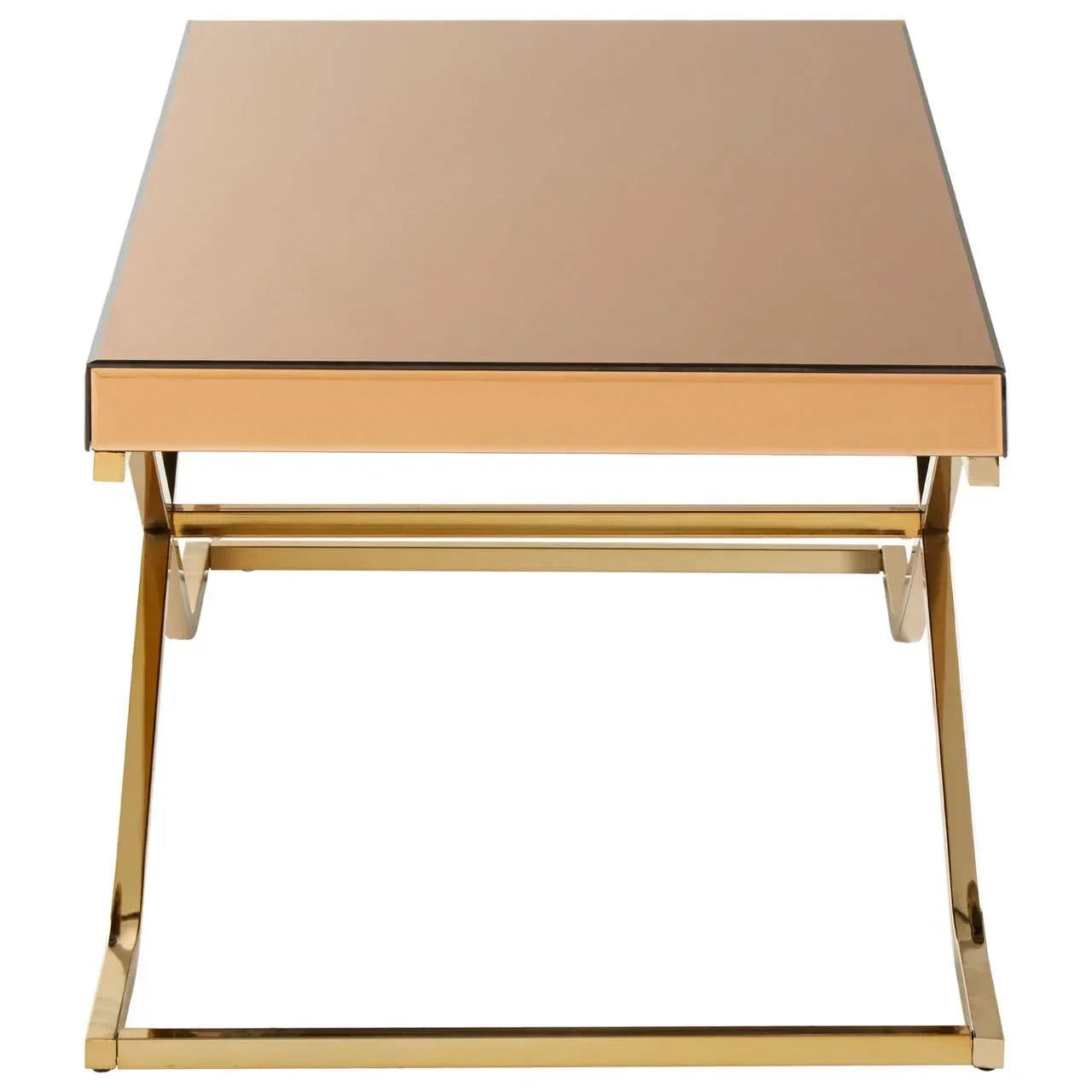 Rectangular gold metal side table with mirrored top and modern frame, front view