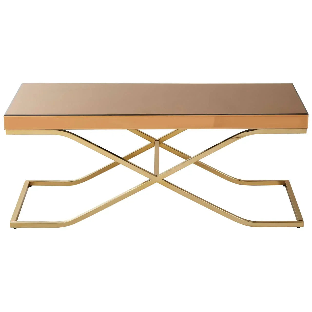 Gold metal coffee table with rectangular glass top and crossed base, shown from the front