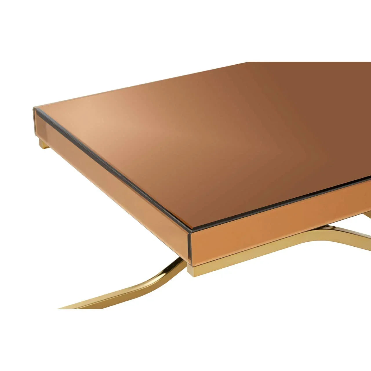 Bronze glass coffee table with gold metal frame, close-up of corner and leg detail