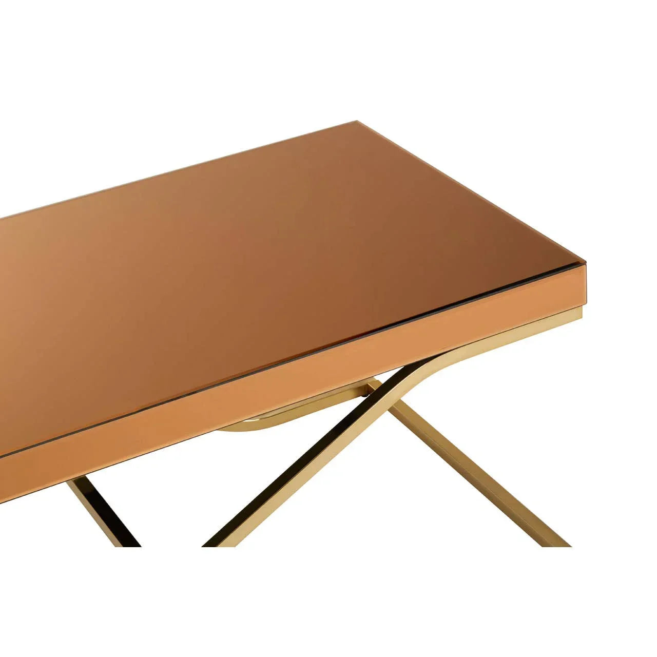 Rectangular copper glass coffee table with gold metal legs, close-up corner view
