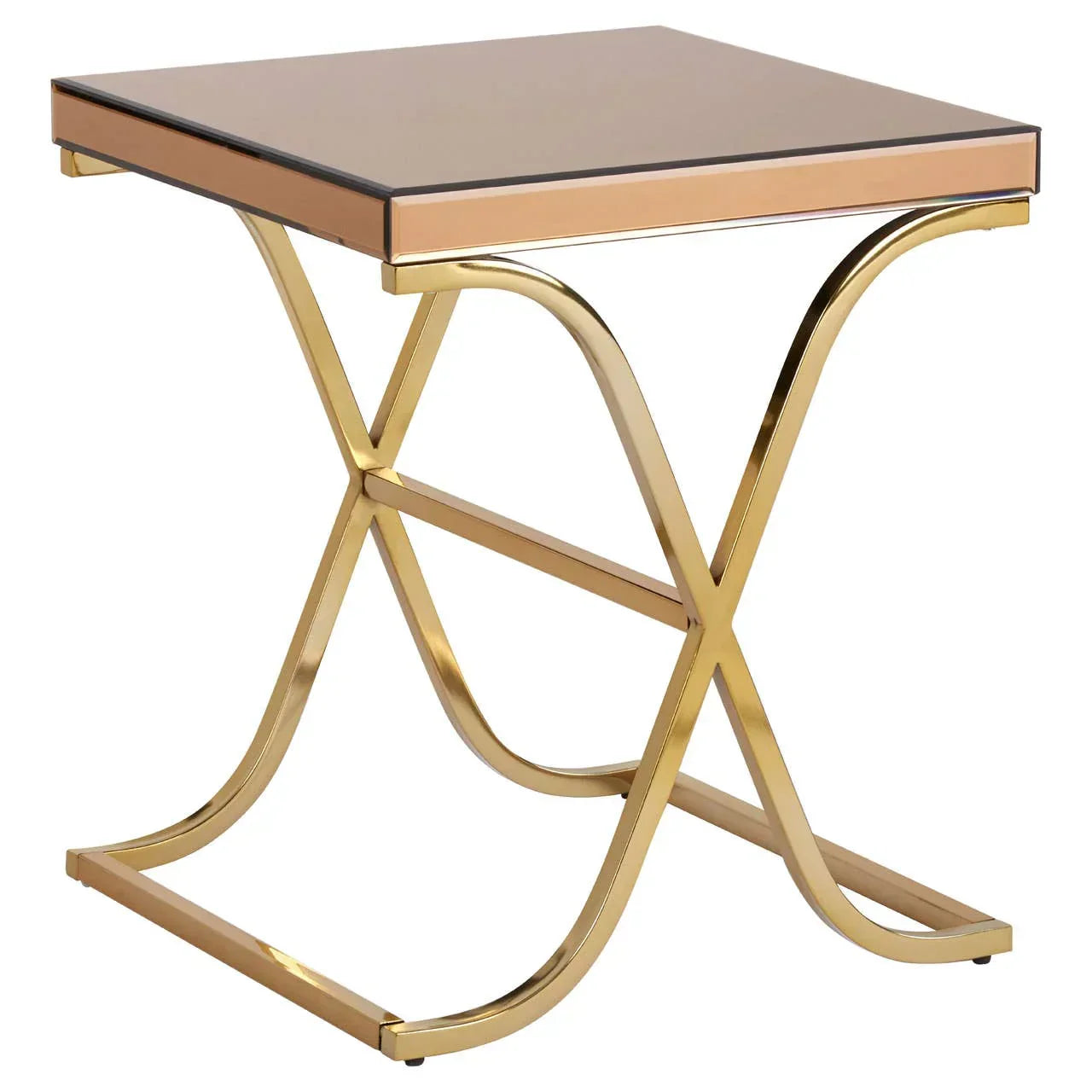 Gold metal side table with mirrored glass top and modern curved frame