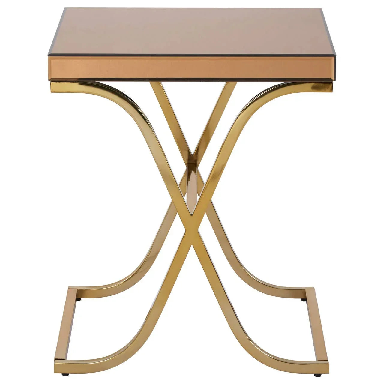 Gold metal side table with mirrored glass top and curved X-frame base