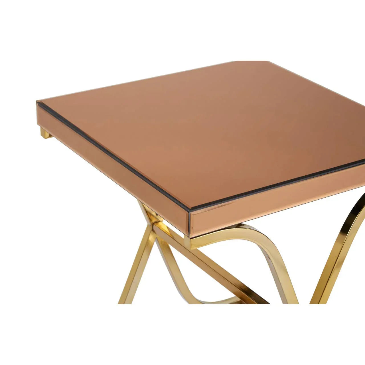 Square copper glass side table with gold metal legs, close view of top and frame
