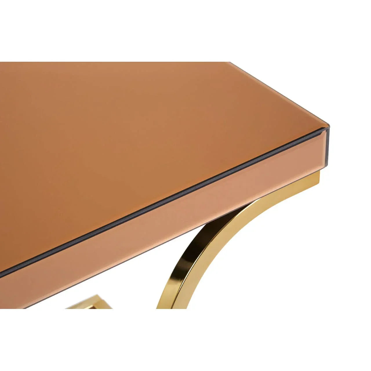 Copper glass table top with gold metal frame, close-up of corner and leg detail