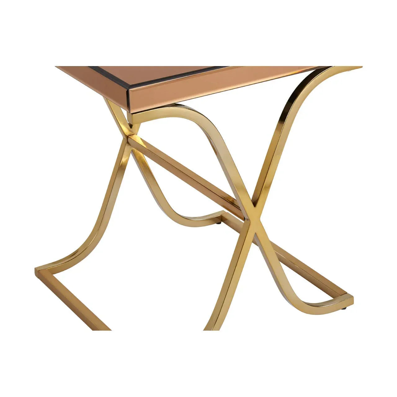 Gold metal side table with rose-tinted glass top and curved crossed frame detail