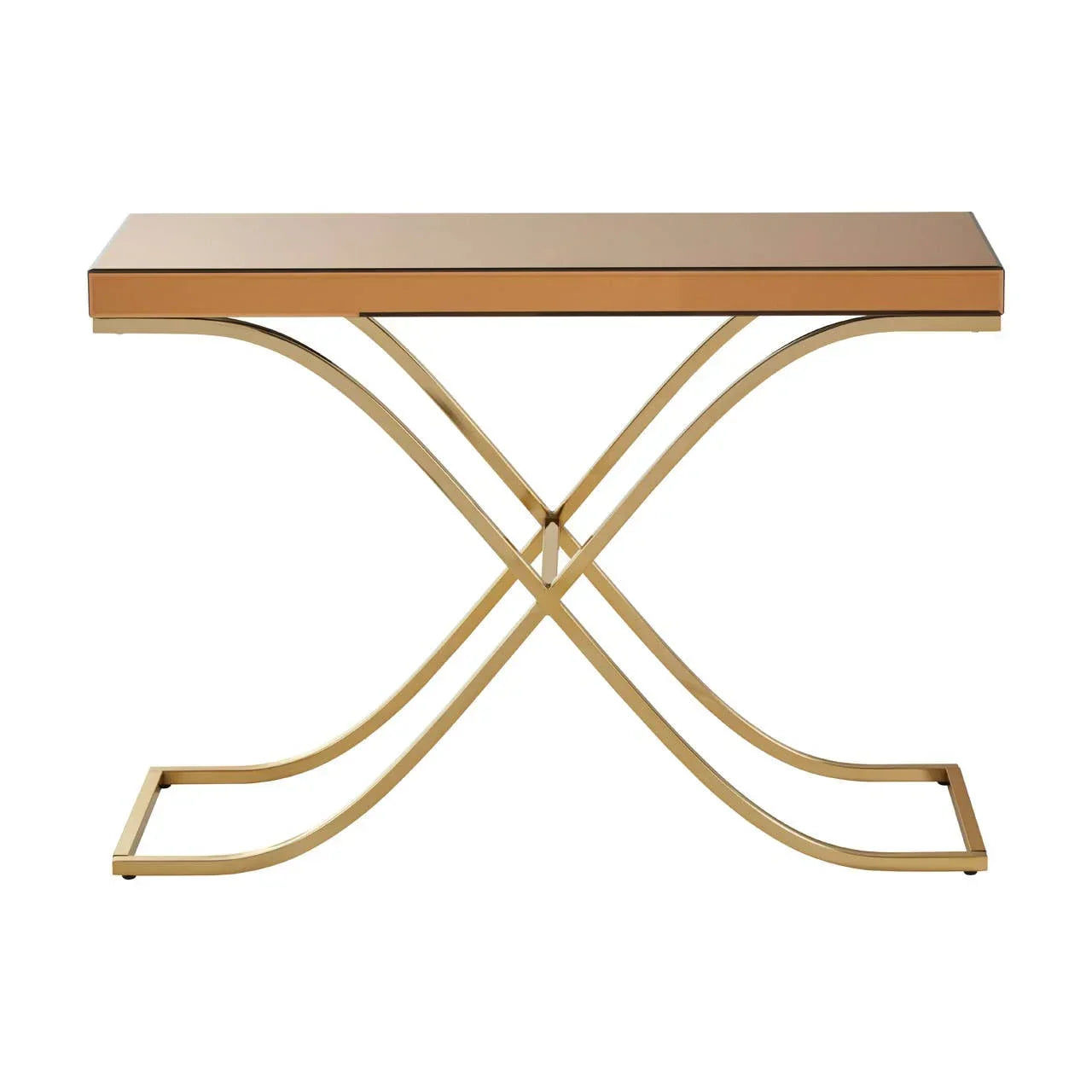 Modern gold metal console table with mirrored top and curved crossed base design