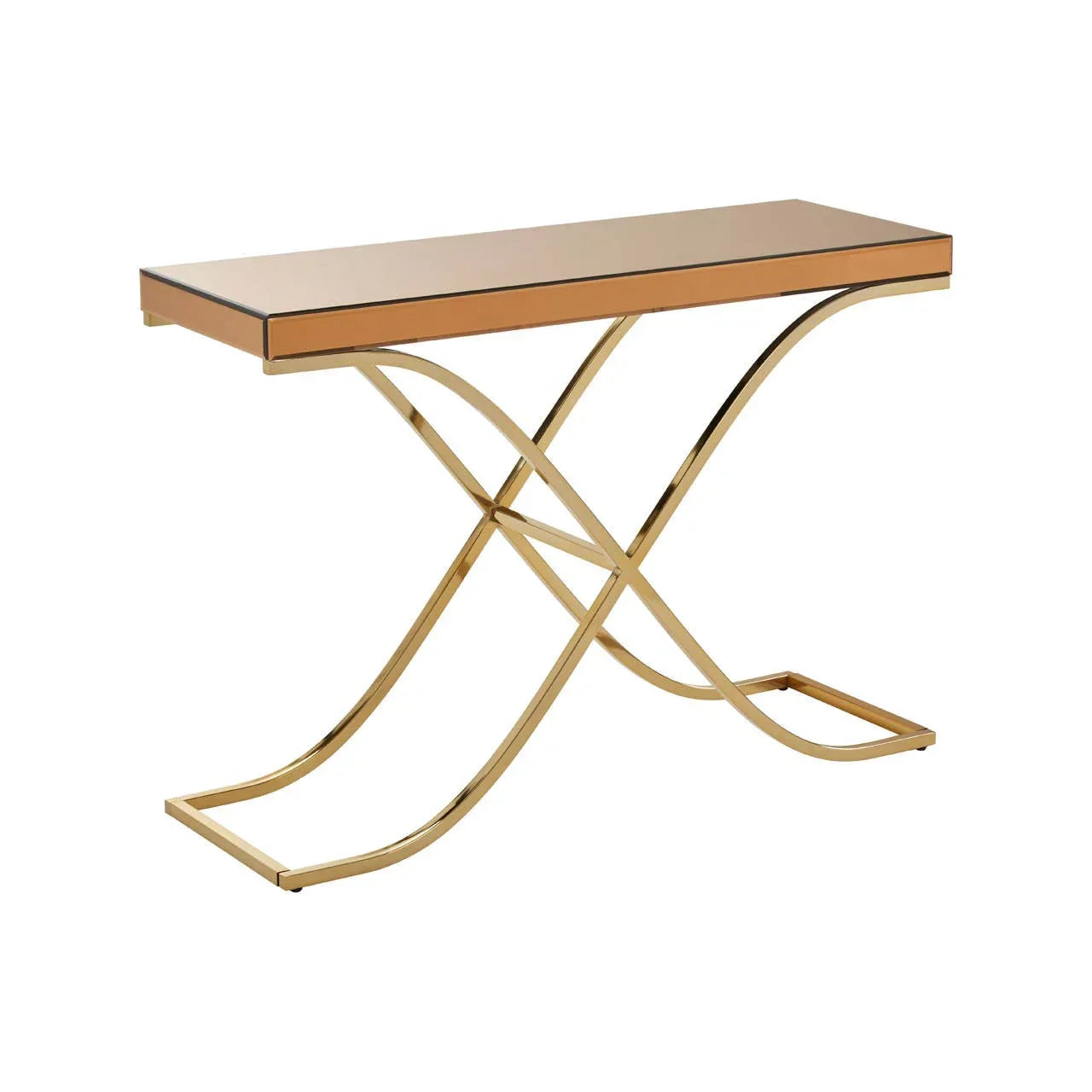 Gold mirrored console table with X-shaped metal legs, shown on white background