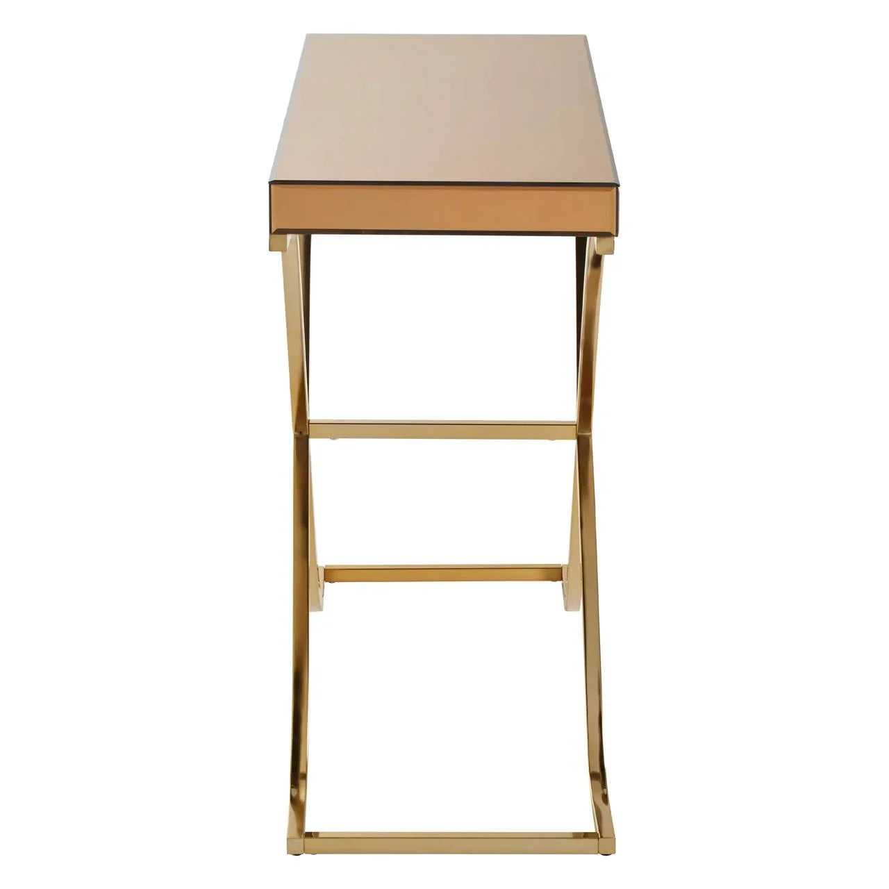 Rectangular console table with gold metal frame and mirrored top, side view