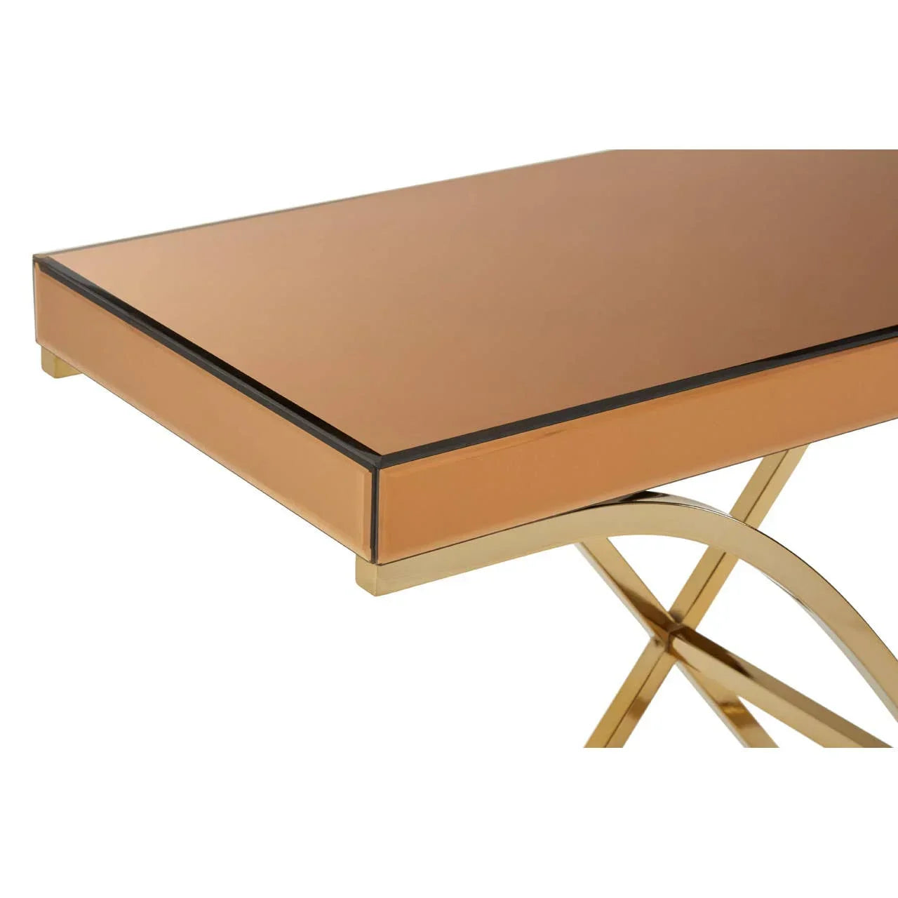 Rectangular mirrored coffee table with gold metal legs and bronze glass top detail