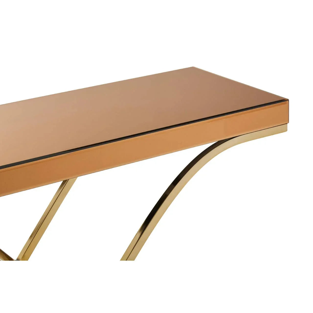 Rectangular glass console table with gold metal legs and bronze finish tabletop