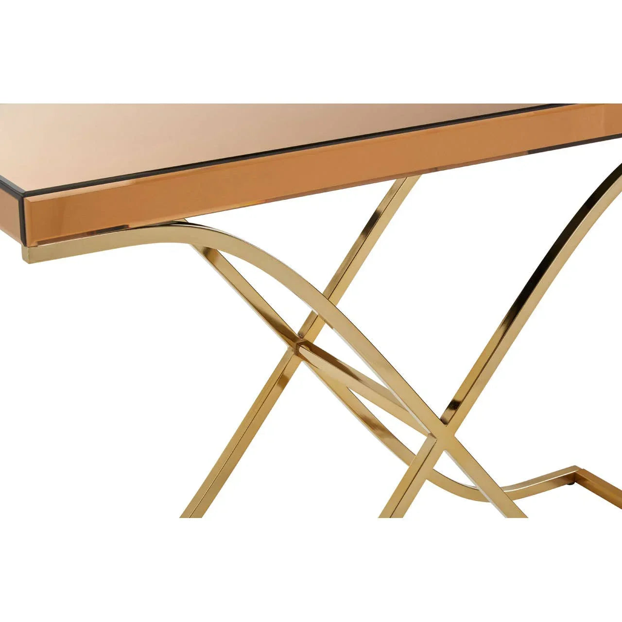 Gold metal side table with mirrored glass top and crisscross leg design