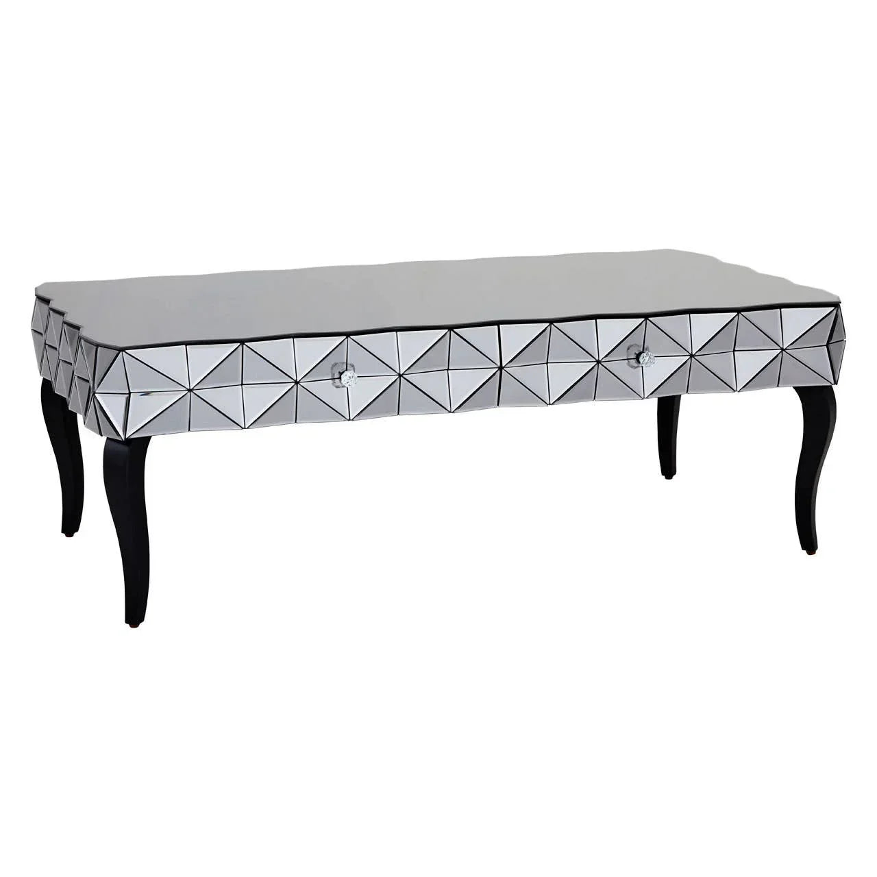 Mirrored coffee table with geometric drawer fronts and black curved legs