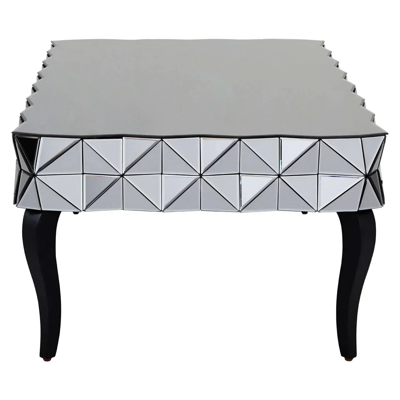 mirrored coffee table with geometric front and black curved legs