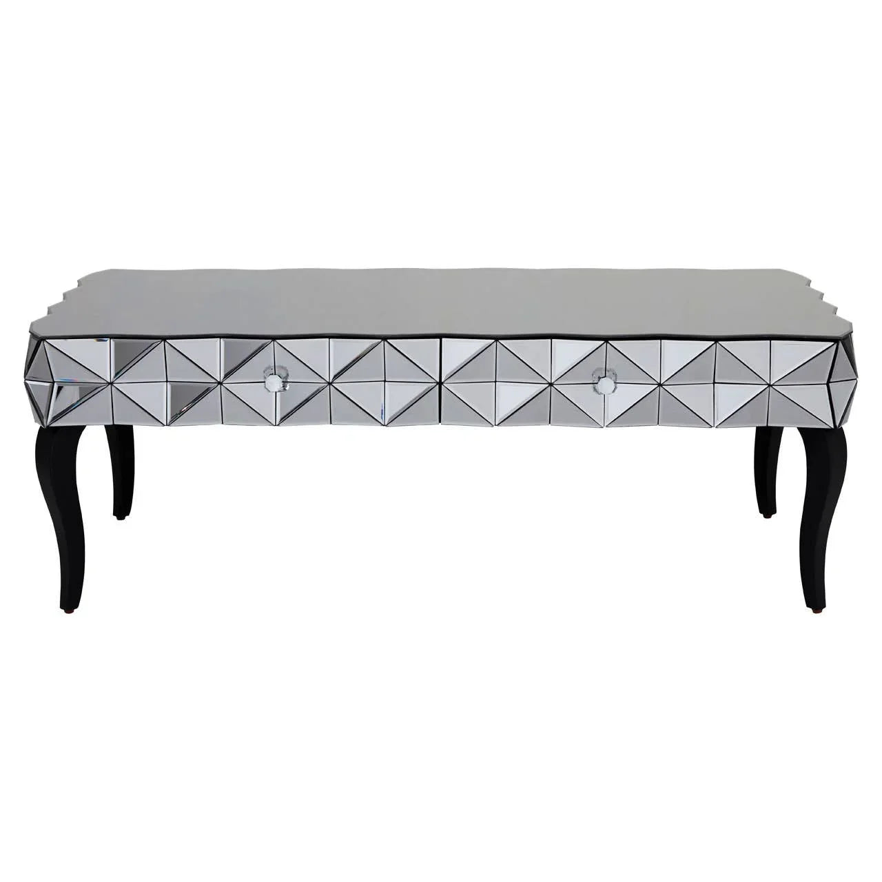 Mirrored coffee table with geometric front panels and black curved legs